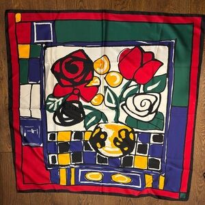 JEROME LEPLAT Colorful Abstract Vase  with Flowers Scarf 35 x 35”